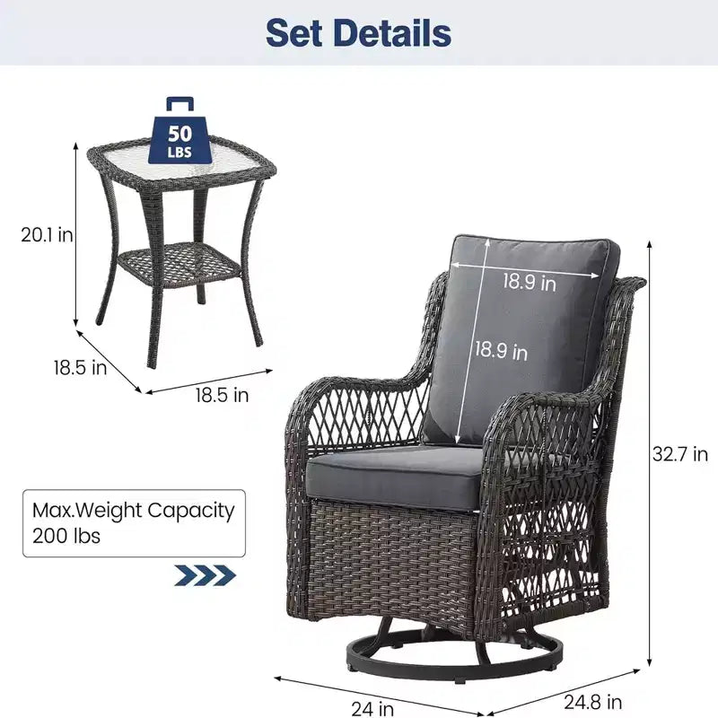 GustoWave Ensemble bistro 3 pièces de fauteuils à bascule d'extérieur en résine tressée avec 2 fauteuils pivotants et plateau en verre trempé pour patio porche jardin