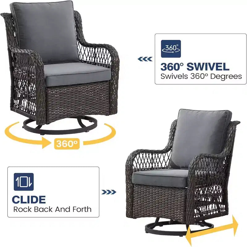 GustoWave Ensemble bistro 3 pièces de fauteuils à bascule d'extérieur en résine tressée avec 2 fauteuils pivotants et plateau en verre trempé pour patio porche jardin