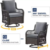 GustoWave Ensemble bistro 3 pièces de fauteuils à bascule d'extérieur en résine tressée avec 2 fauteuils pivotants et plateau en verre trempé pour patio porche jardin