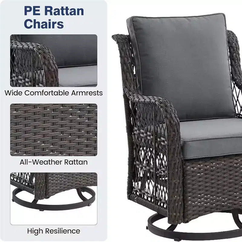 GustoWave Ensemble bistro 3 pièces de fauteuils à bascule d'extérieur en résine tressée avec 2 fauteuils pivotants et plateau en verre trempé pour patio porche jardin