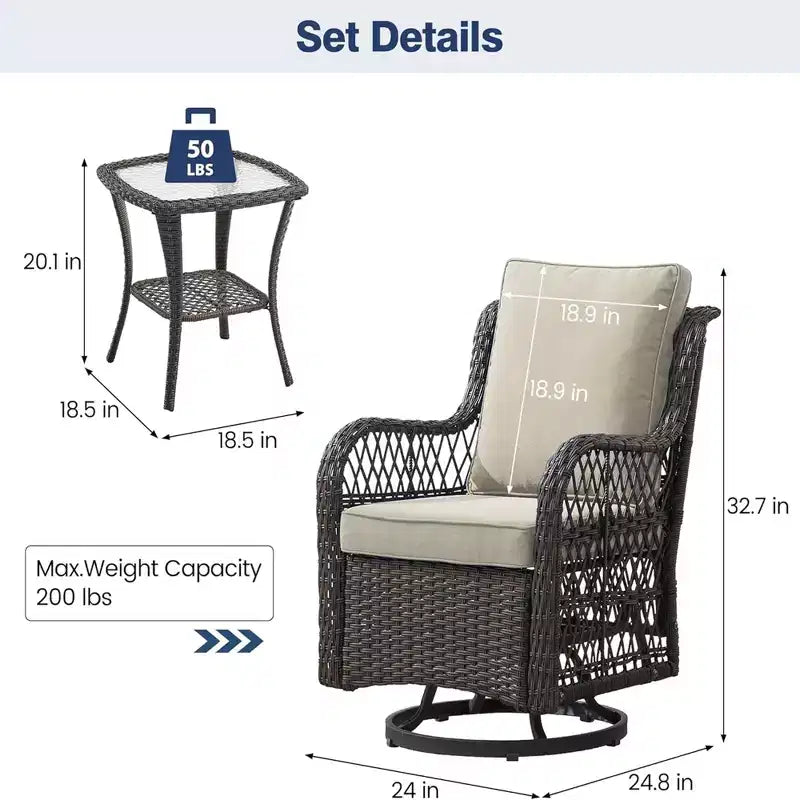 GustoWave Ensemble bistro 3 pièces de fauteuils à bascule d'extérieur en résine tressée avec 2 fauteuils pivotants et plateau en verre trempé pour patio porche jardin