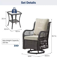 GustoWave Ensemble bistro 3 pièces de fauteuils à bascule d'extérieur en résine tressée avec 2 fauteuils pivotants et plateau en verre trempé pour patio porche jardin