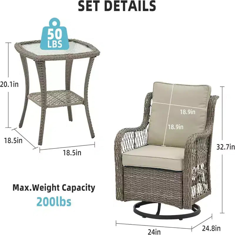 GustoWave Ensemble bistro 3 pièces de fauteuils à bascule d'extérieur en résine tressée avec 2 fauteuils pivotants et plateau en verre trempé pour patio porche jardin