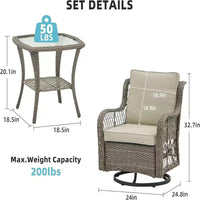 GustoWave Ensemble bistro 3 pièces de fauteuils à bascule d'extérieur en résine tressée avec 2 fauteuils pivotants et plateau en verre trempé pour patio porche jardin