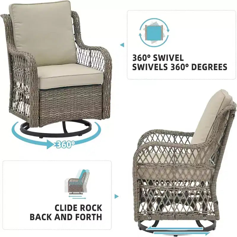 GustoWave Ensemble bistro 3 pièces de fauteuils à bascule d'extérieur en résine tressée avec 2 fauteuils pivotants et plateau en verre trempé pour patio porche jardin