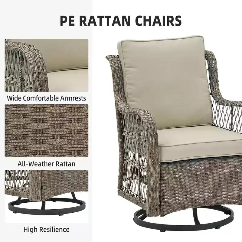GustoWave Ensemble bistro 3 pièces de fauteuils à bascule d'extérieur en résine tressée avec 2 fauteuils pivotants et plateau en verre trempé pour patio porche jardin