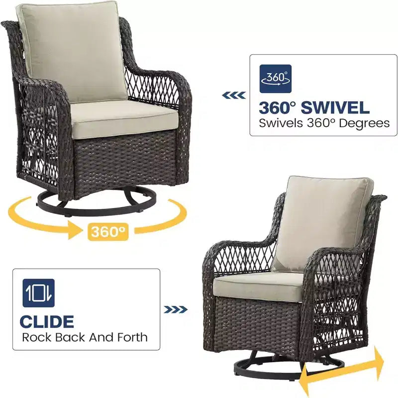 GustoWave Ensemble bistro 3 pièces de fauteuils à bascule d'extérieur en résine tressée avec 2 fauteuils pivotants et plateau en verre trempé pour patio porche jardin