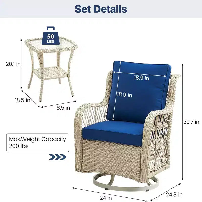GustoWave Ensemble bistro 3 pièces de fauteuils à bascule d'extérieur en résine tressée avec 2 fauteuils pivotants et plateau en verre trempé pour patio porche jardin