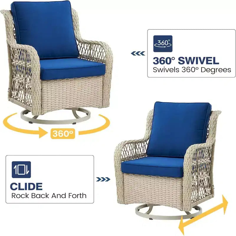GustoWave Ensemble bistro 3 pièces de fauteuils à bascule d'extérieur en résine tressée avec 2 fauteuils pivotants et plateau en verre trempé pour patio porche jardin