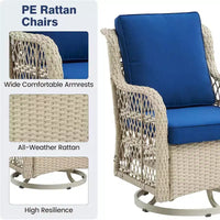 GustoWave Ensemble bistro 3 pièces de fauteuils à bascule d'extérieur en résine tressée avec 2 fauteuils pivotants et plateau en verre trempé pour patio porche jardin