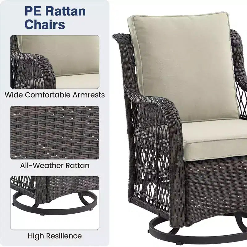 GustoWave Ensemble bistro 3 pièces de fauteuils à bascule d'extérieur en résine tressée avec 2 fauteuils pivotants et plateau en verre trempé pour patio porche jardin