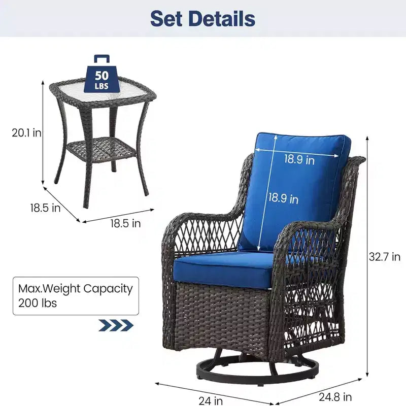 GustoWave Ensemble bistro 3 pièces de fauteuils à bascule d'extérieur en résine tressée avec 2 fauteuils pivotants et plateau en verre trempé pour patio porche jardin
