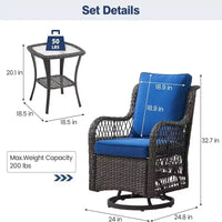 GustoWave Ensemble bistro 3 pièces de fauteuils à bascule d'extérieur en résine tressée avec 2 fauteuils pivotants et plateau en verre trempé pour patio porche jardin
