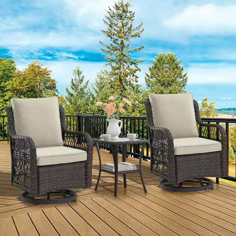 GustoWave 3-Piece Outdoor Wicker Rocking Chair Bistro Set With 2 Swivel Chairs And Tempered Glass Tabletop For Patio Porch Backyard