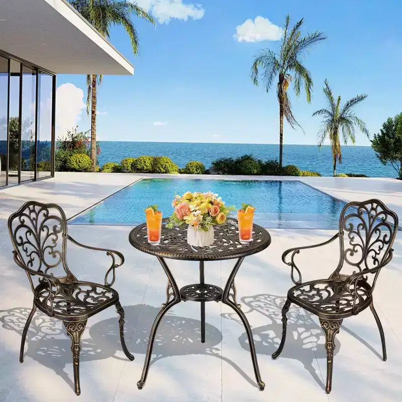 Ensemble bistrot 3 pièces TROPOW, Table et 2 chaises de bistrot d'extérieur, Ensemble bistrot de jardin en fonte d'aluminium résistant à la rouille pour toutes les saisons avec parasol