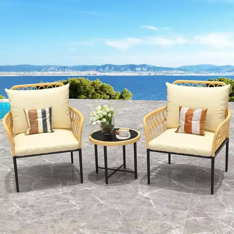 GustoWave Ensemble Bistro 3 pièces avec Table et Coussins Beiges pour Jardin Terrasse