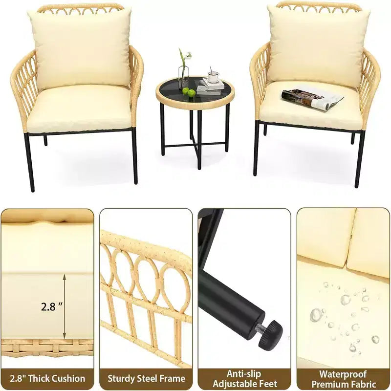 GustoWave Ensemble Bistro 3 pièces avec Table et Coussins Beiges pour Jardin Terrasse