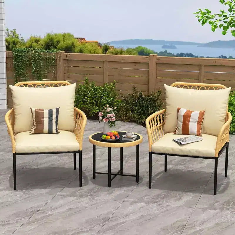 GustoWave Ensemble Bistro 3 pièces avec Table et Coussins Beiges pour Jardin Terrasse