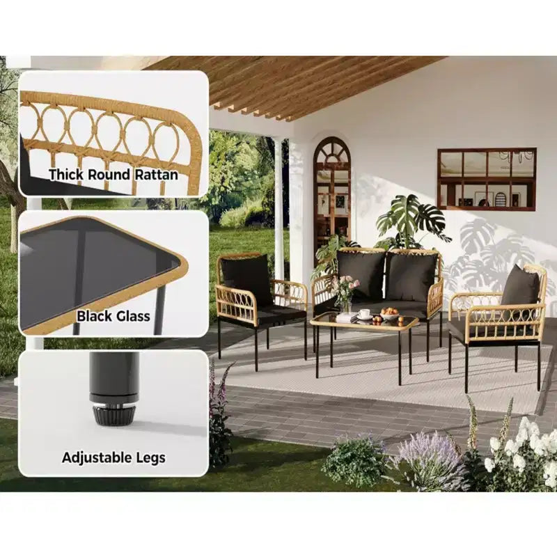 Ensemble de conversation de patio d'extérieur GustoWave 4 pièces avec table basse et coussins épais pour petit balcon, jardin ou cour
