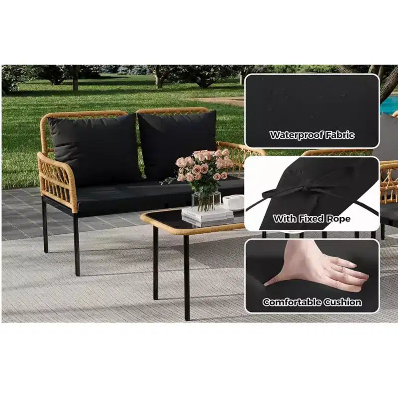 Ensemble de conversation de patio d'extérieur GustoWave 4 pièces avec table basse et coussins épais pour petit balcon, jardin ou cour