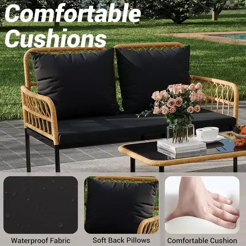 Ensemble de conversation de patio d'extérieur GustoWave 4 pièces avec table basse et coussins épais pour petit balcon, jardin ou cour