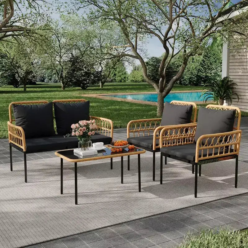 Ensemble de conversation de patio d'extérieur GustoWave 4 pièces avec table basse et coussins épais pour petit balcon, jardin ou cour