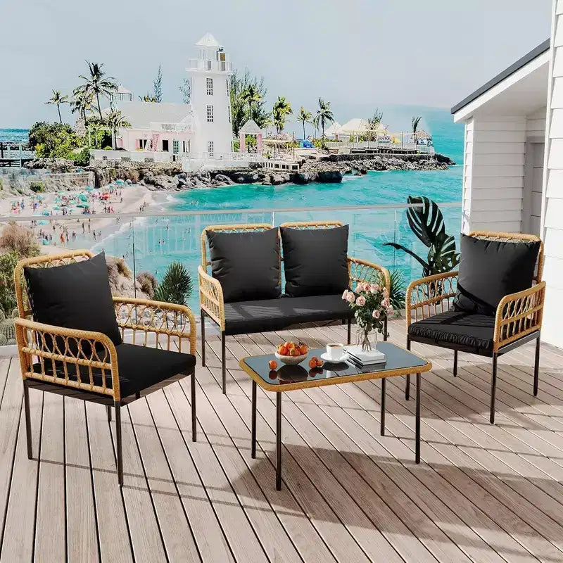Ensemble de conversation de patio d'extérieur GustoWave 4 pièces avec table basse et coussins épais pour petit balcon, jardin ou cour