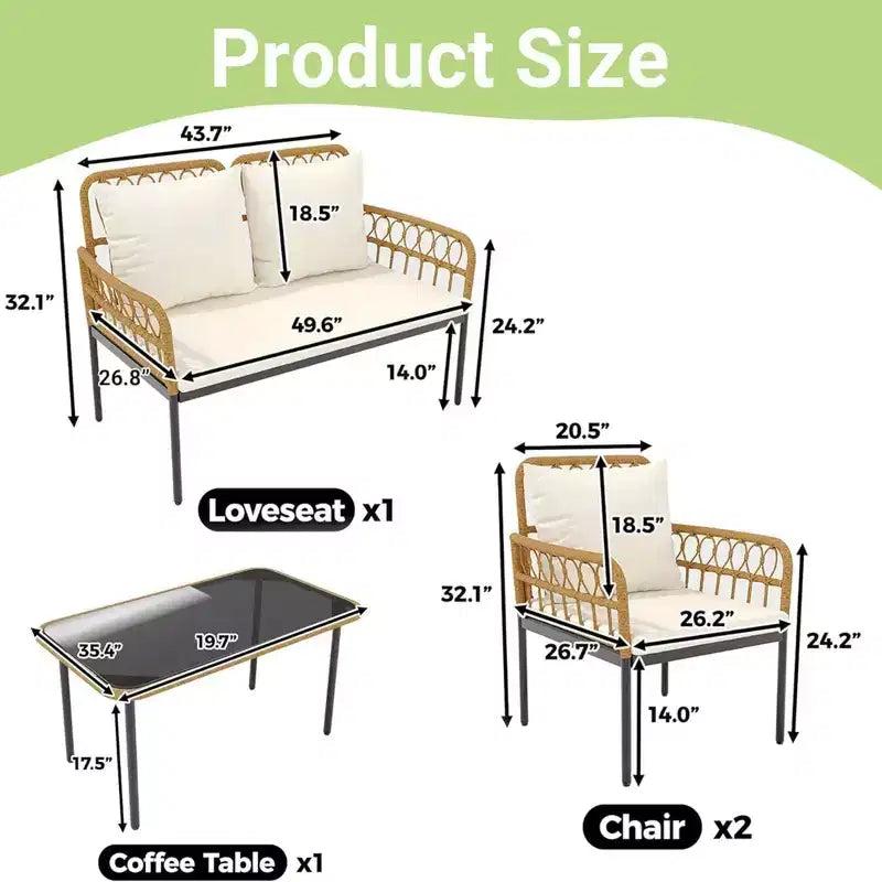 Ensemble de conversation de patio d'extérieur GustoWave 4 pièces avec table basse et coussins épais pour petit balcon, jardin ou cour