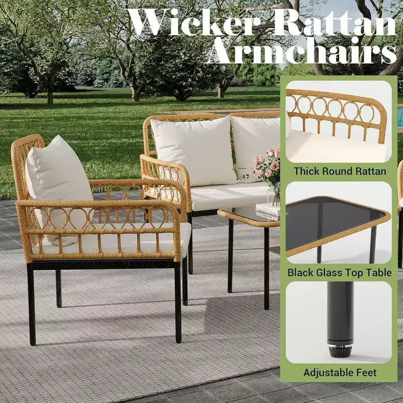 Ensemble de conversation de patio d'extérieur GustoWave 4 pièces avec table basse et coussins épais pour petit balcon, jardin ou cour