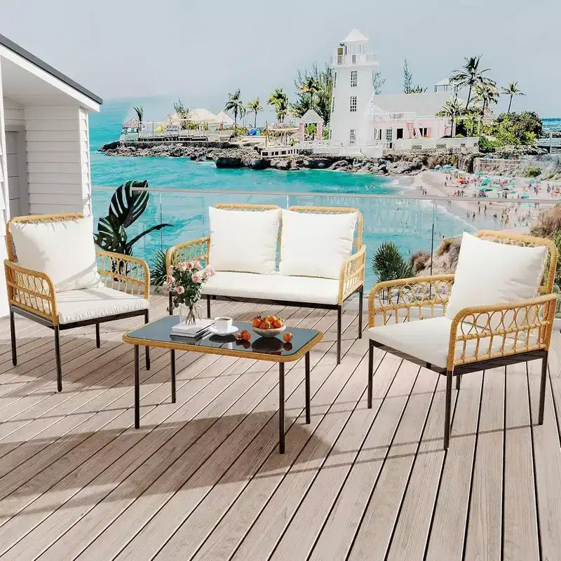 Ensemble de conversation de patio d'extérieur GustoWave 4 pièces avec table basse et coussins épais pour petit balcon, jardin ou cour