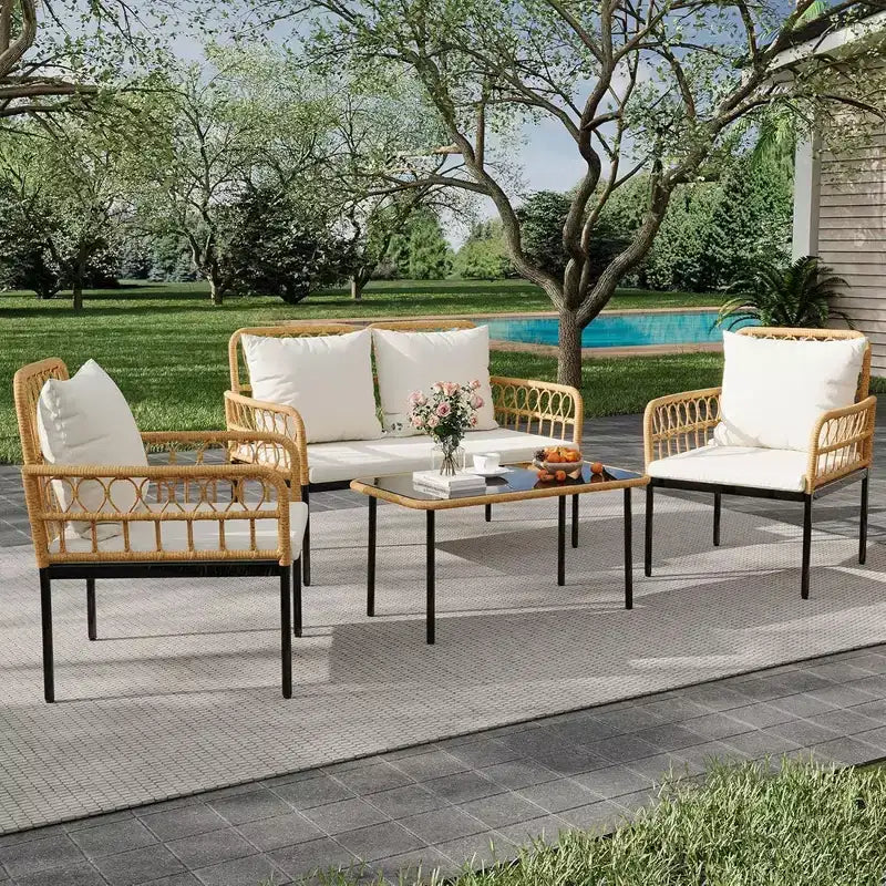 Ensemble de conversation de patio d'extérieur GustoWave 4 pièces avec table basse et coussins épais pour petit balcon, jardin ou cour