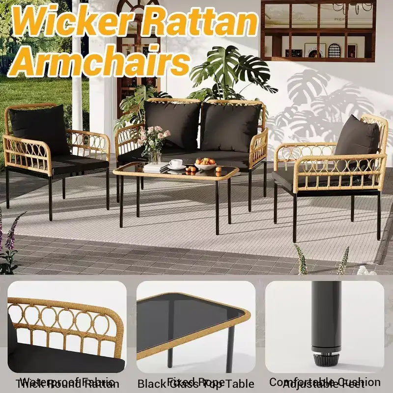 Ensemble de conversation de patio d'extérieur GustoWave 4 pièces avec table basse et coussins épais pour petit balcon, jardin ou cour