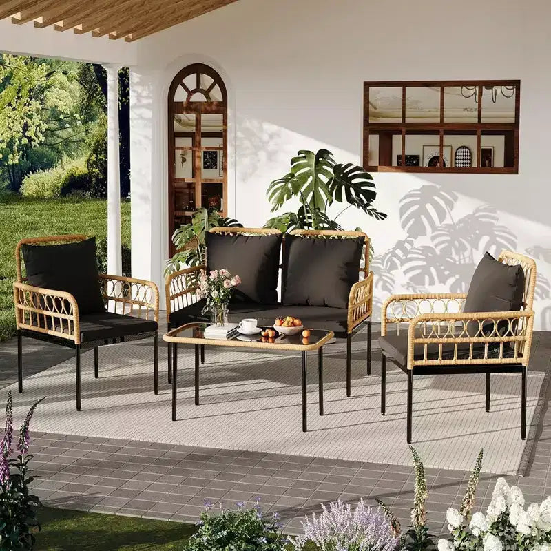 Ensemble de conversation de patio d'extérieur GustoWave 4 pièces avec table basse et coussins épais pour petit balcon, jardin ou cour