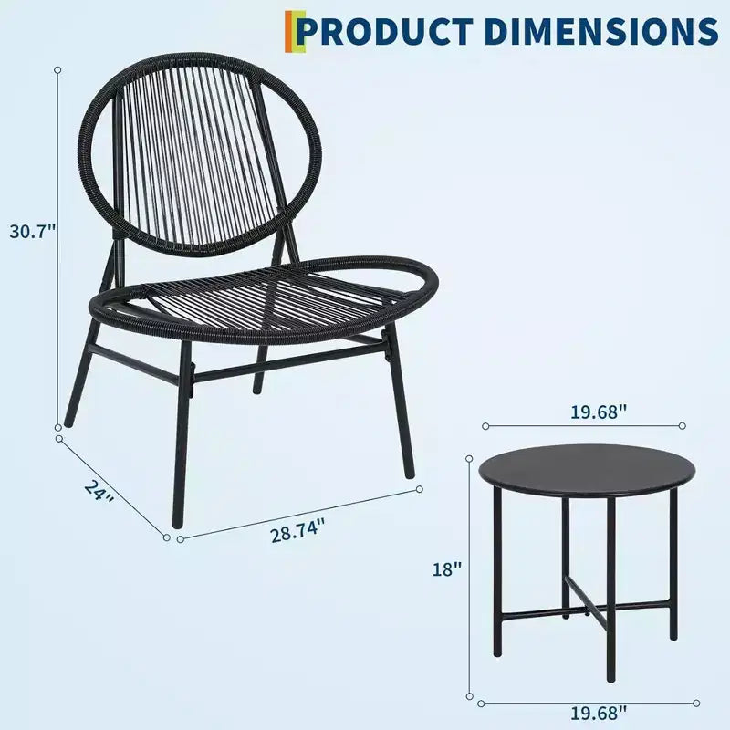GustoWave Ensemble Bistro de Jardin 3 Pièces avec Table d'Appoint et 2 Chaises pour Balcon, Terrasse, Jardin, Noir