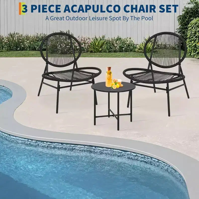 GustoWave Ensemble Bistro de Jardin 3 Pièces avec Table d'Appoint et 2 Chaises pour Balcon, Terrasse, Jardin, Noir