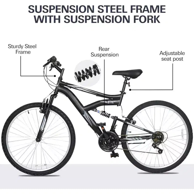 Vélo VTT hykolity 26 pouces, vélo 18 vitesses pour hommes et femmes adultes, vélo de sport tout-terrain avec double suspension intégrale, noir