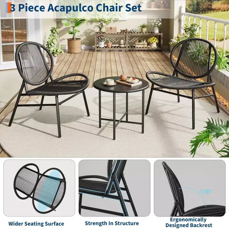 Ensemble bistro de patio 3 pièces, assises d'extérieur fauteuils Acapulco, fauteuils de patio modernes toutes saisons lot de 2 avec table d'appoint, ensemble de conversation bistro de patio