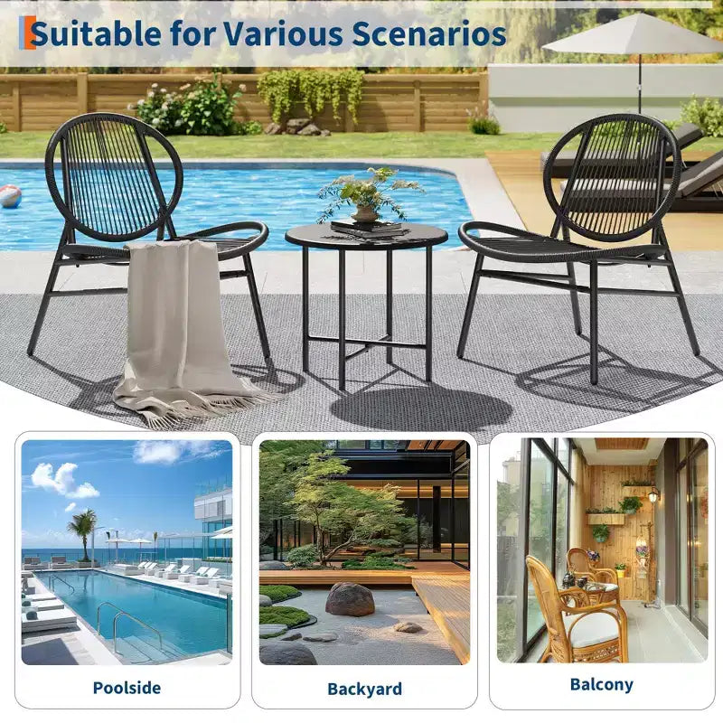 Ensemble bistro de patio 3 pièces, assises d'extérieur fauteuils Acapulco, fauteuils de patio modernes toutes saisons lot de 2 avec table d'appoint, ensemble de conversation bistro de patio