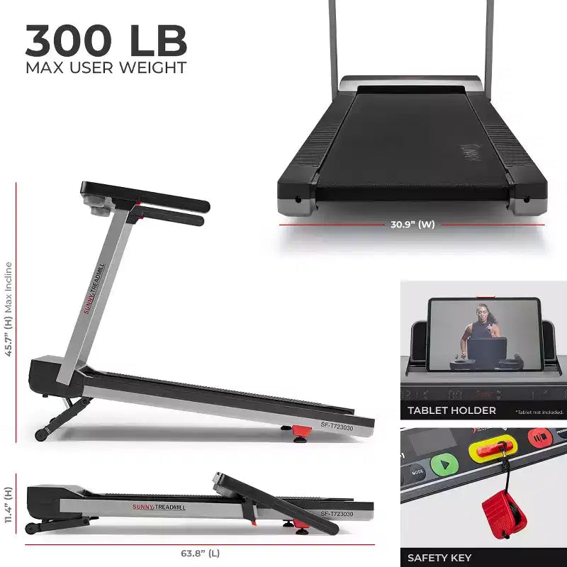 Tapis de course pliable intelligent Sunny Health & Fitness avec 15 niveaux d'inclinaison automatique, tapis de course large de 50 cm et connectivité Bluetooth via l'application SunnyFit