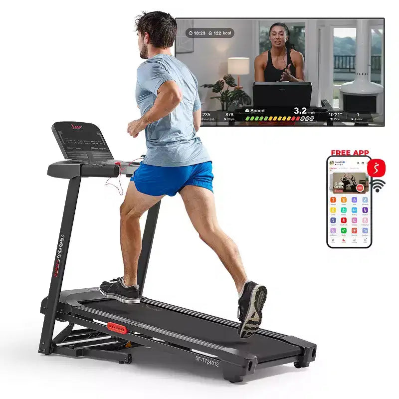 Sunny Health & Fitness Active 400 Tapis roulant intelligent à inclinaison automatique avec WiFi, Bluetooth, 15 niveaux d'inclinaison et plateforme de course à amortissement des chocs