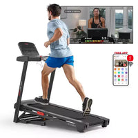 Sunny Health & Fitness Active 400 Tapis roulant intelligent à inclinaison automatique avec WiFi, Bluetooth, 15 niveaux d'inclinaison et plateforme de course à amortissement des chocs