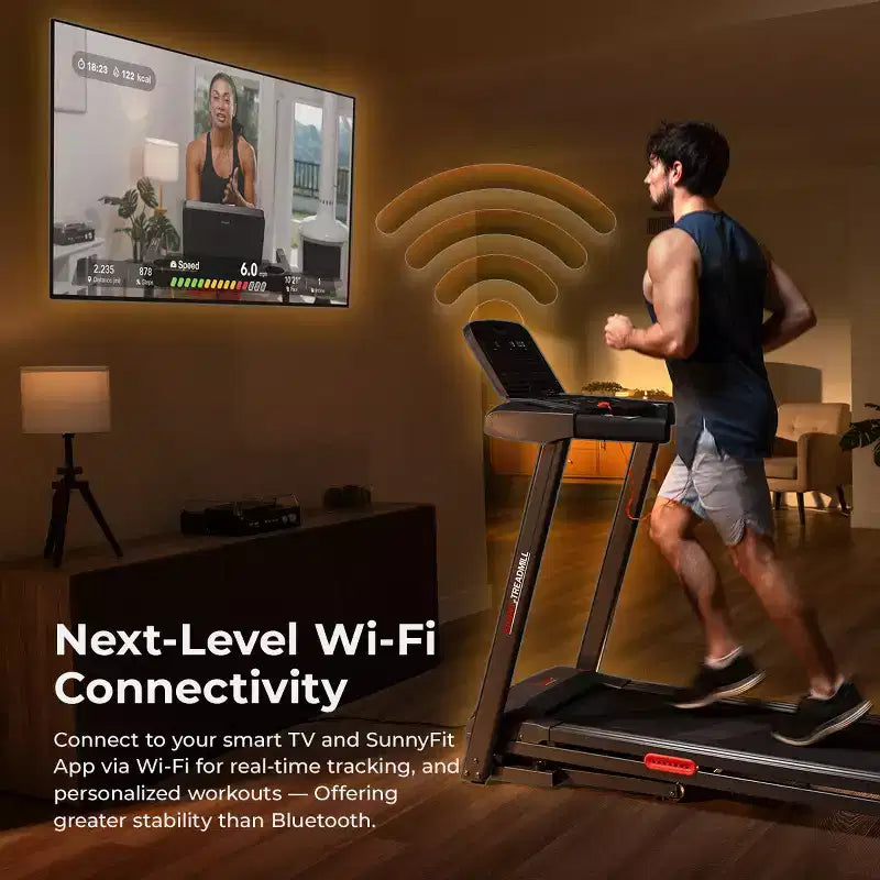 Sunny Health & Fitness Active 400 Tapis roulant intelligent à inclinaison automatique avec WiFi, Bluetooth, 15 niveaux d'inclinaison et plateforme de course à amortissement des chocs