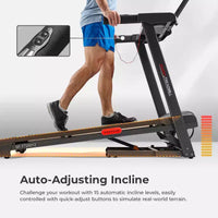 Sunny Health & Fitness Active 400 Tapis roulant intelligent à inclinaison automatique avec WiFi, Bluetooth, 15 niveaux d'inclinaison et plateforme de course à amortissement des chocs