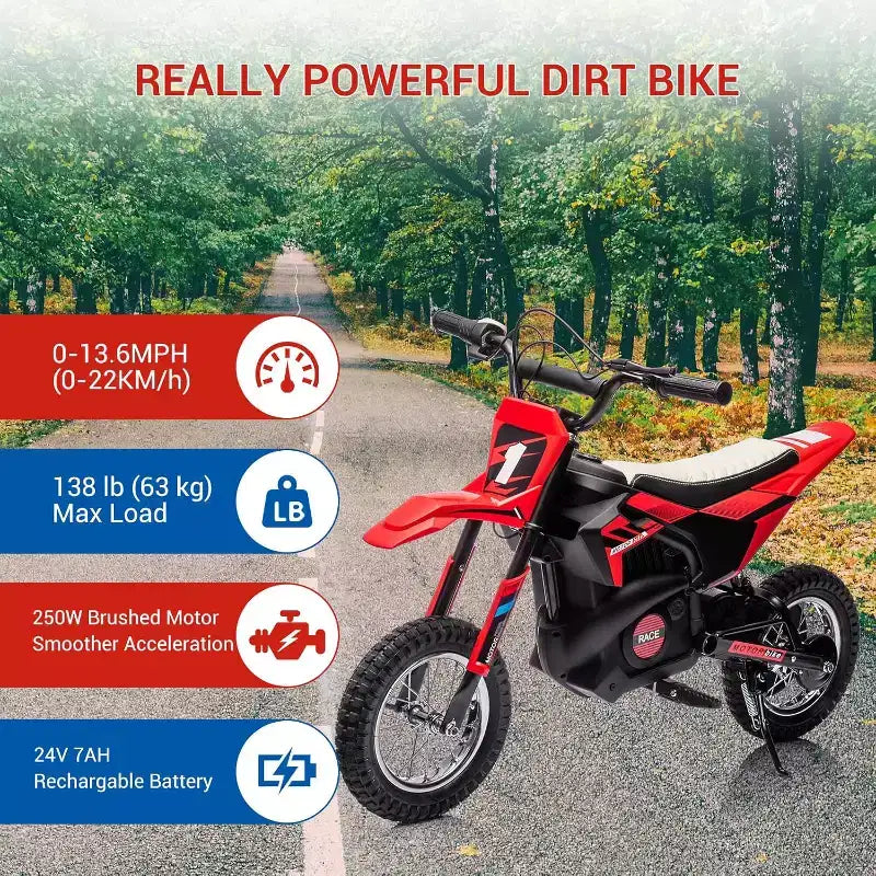 Moto électrique tout-terrain 24V pour enfants, moteur 250W, vitesse rapide 21,9 km/h, Dirt Bike Motocross, siège en cuir, pour enfant, Rouge