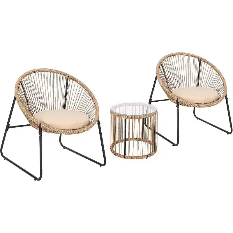 Ensemble de salon d'extérieur 3 pièces avec chaise Acapulco - Table d'appoint à plateau en verre et 2 chaises avec coussins, résine tressée PE, ensemble bistro de conversation de patio tout temps