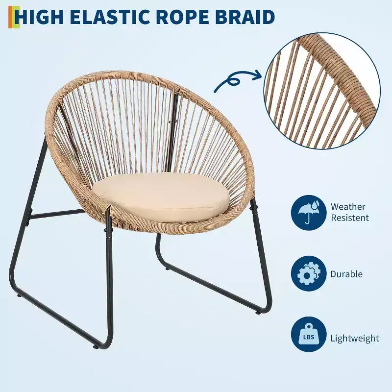 Ensemble de salon d'extérieur 3 pièces avec chaise Acapulco - Table d'appoint à plateau en verre et 2 chaises avec coussins, résine tressée PE, ensemble bistro de conversation de patio tout temps