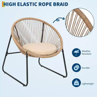 Ensemble de salon d'extérieur 3 pièces avec chaise Acapulco - Table d'appoint à plateau en verre et 2 chaises avec coussins, résine tressée PE, ensemble bistro de conversation de patio tout temps