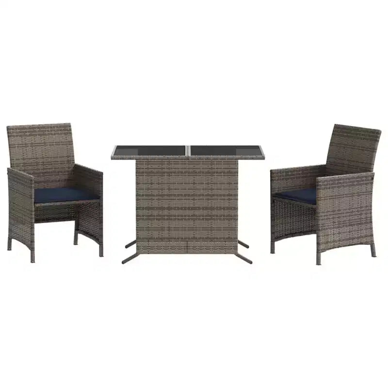 vidaXL Ensemble de bistrot 3 pièces en rotin synthétique avec coussins – Mobilier d'extérieur gris avec table en verre trempé et fauteuils confortables