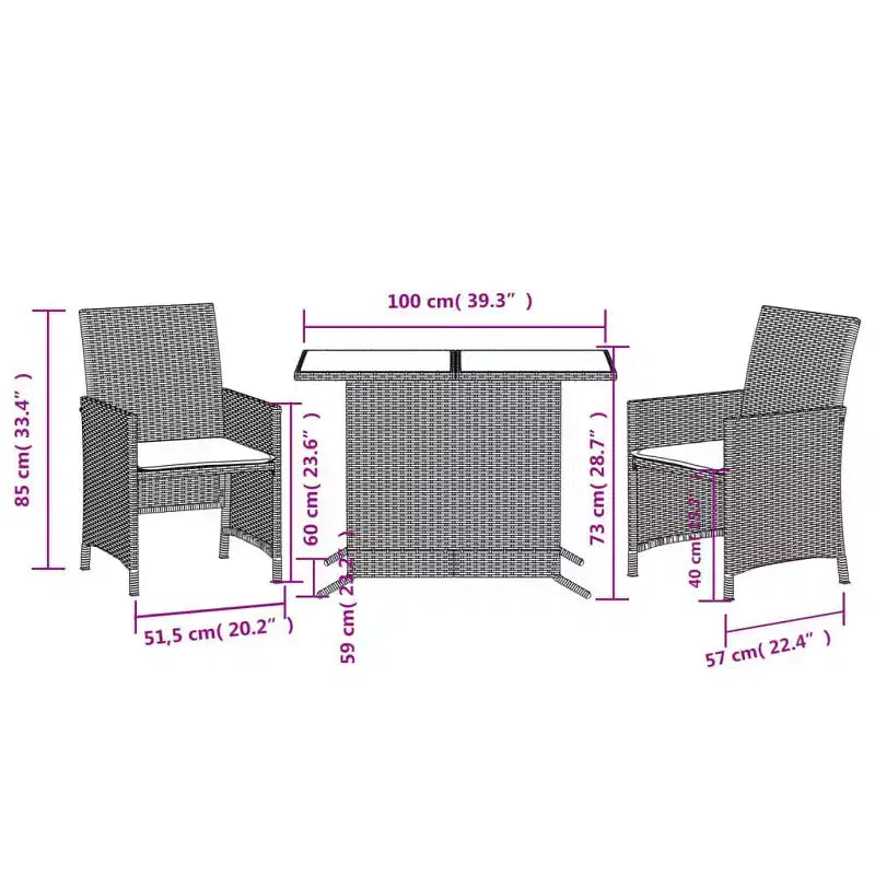 vidaXL Ensemble de bistrot 3 pièces en rotin synthétique avec coussins – Mobilier d'extérieur gris avec table en verre trempé et fauteuils confortables