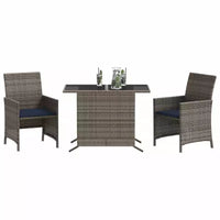vidaXL Ensemble de bistrot 3 pièces en rotin synthétique avec coussins – Mobilier d'extérieur gris avec table en verre trempé et fauteuils confortables